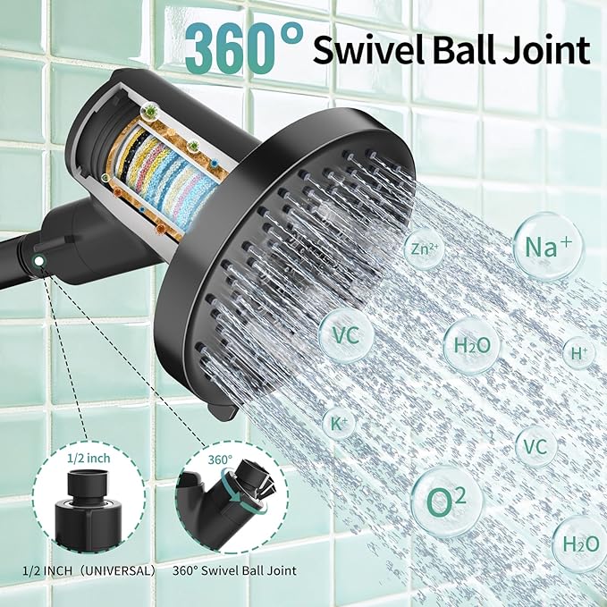 SR SUN RISE Filtered Shower Head with Filters- High Pressure Rain Shower Head,with 20-Stage shower Filter,6 Spray Modes for Hard Water Softener, Remove Chlorine & Heavy Metals (Black,5.5 Inch Round)