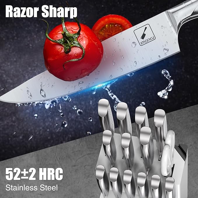 imarku® Knife Set, Japanese HC Stainless Steel 15 PCS Kitchen Knife Set With Block With Built-in Sharpener, Razor-Sharp Blade Knife Block Set With Dotted Ergomomic Handle, Best Birthday Gifts, White