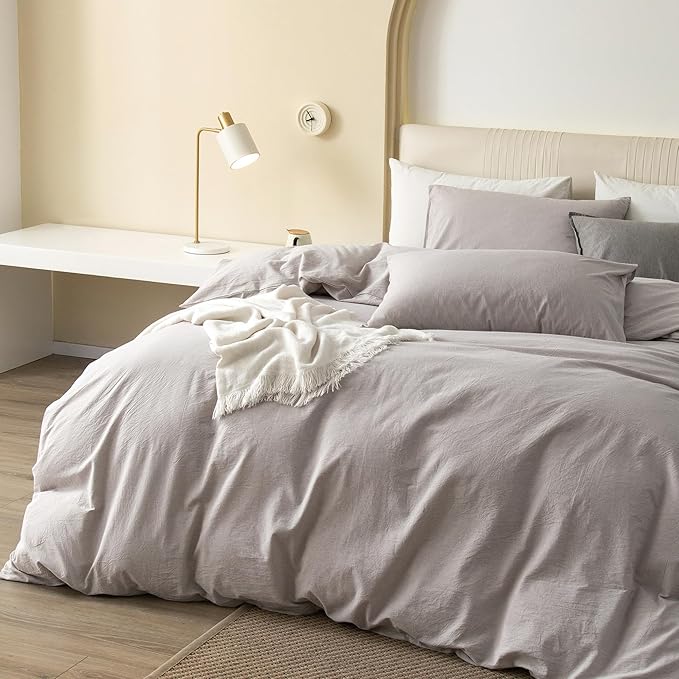JIYUAN 100% Washed Cotton Duvet Cover Set 3 Pieces Oversized Queen, 1 Duvet Cover 98x98 Inches(Comforter Not Included) and 2 Pillowcases,Linen Feel Bedding Set Comfy and Breathable, Heathered Linen