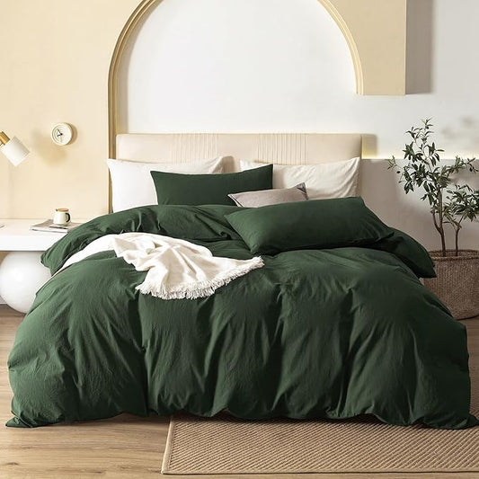 JIYUAN 100% Washed Cotton Duvet Cover Set 3 Pieces King, 1 Duvet Cover 104x90 Inches(Comforter Not Included) and 2 Pillowcases,Linen Feel Bedding Set Comfy and Breathable,Forest Green