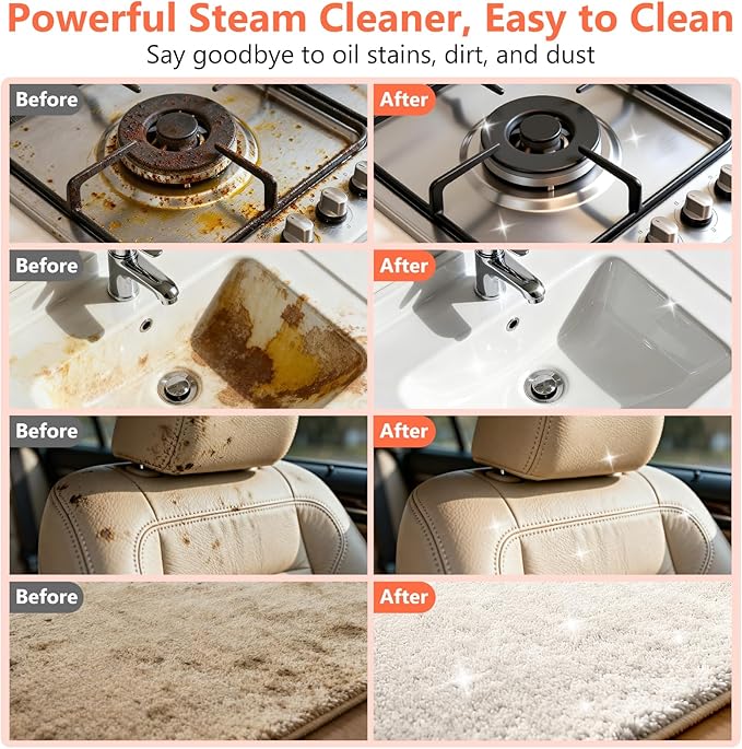 Steam Cleaner, Portable Steamer for Cleaning with 15pcs Accessories, 6-Level Adjustable, 15s Heat-Up, Handheld Steam Cleaner for Home for Tile, Grease, Dirt, Grout, Car Detailing, Orange