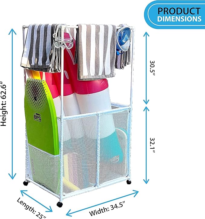 Pool Equipment Holder with Towel Drying Bars, Mesh Rolling Multi Use Storage Organizer Bin, Large Towel Hanger (25" L x 34.5" W x 62.6" H), White