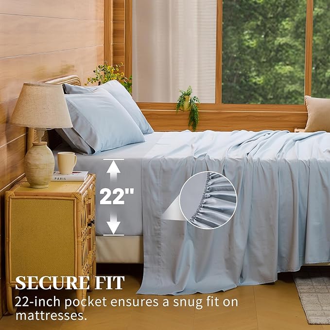 Bedlifes Deep Pocket Sheets 18-24 Inch, Queen Size Egyptian Cotton 1000 Thread Count, 4-Piece - Fits Extra Thick Mattresses, Cooling & Breathable (Light Blue)