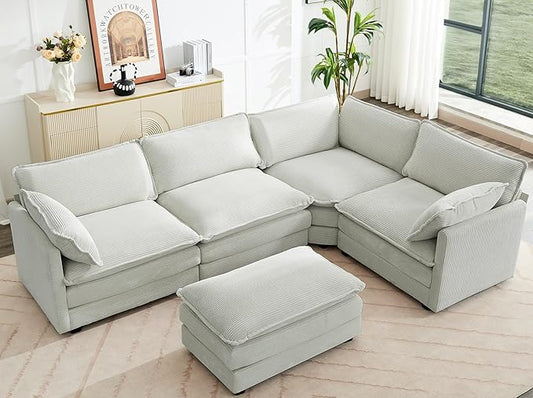 ROWHY 113'' Modular Sectional Cloud Corner Couch, 5 Seater L Shape Sofa Big Comfy Corduroy Oversized Couch with 2 Pillows Movable Ottoman, Deep Seat Sectional Couches for Living Room Office Light Grey