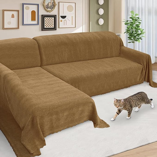 ALIECOM Sectional Couch Covers L Shape Sectional Sofa Cover for Dogs 2 Piece Thick Chenille L Shaped Couch Slipcover Blanket Chaise Pet Furniture Protector Washable (XX-Large, Light Brown)