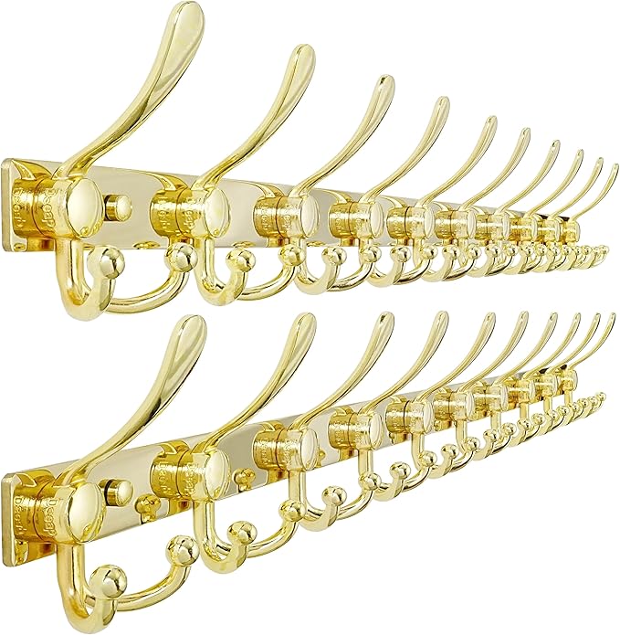 Dseap MaxStrong 2.0 Coat Rack Wall - 37” Long 10 Tri Hooks - Ultra Heavy-Duty Stainless Steel Wall Mount Coat Hanger, Hook Rail for Clothes Hats Jacket Towels Gold, Pack of 2