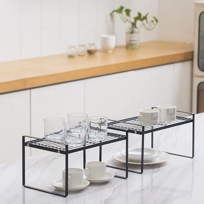 2 Pack Kitchen Cabinet Shelf Counter Organizer Rack Pantry Storage Bathroom Bedroom Office Table Desk Space Saving Steel Frame Stackable Rust Resistant Non Slip Black