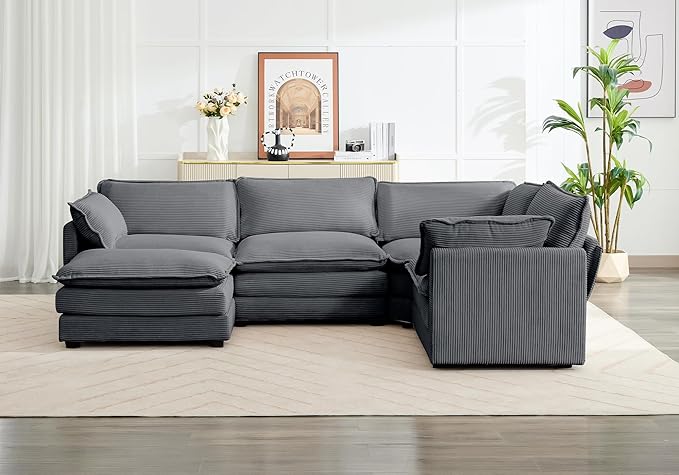 ROWHY 113'' Modular Sectional Cloud Corner Couch, 5 Seater L Shape Sofa Big Comfy Corduroy Oversized Couch with 2 Pillows Movable Ottoman, Deep Seat Sectional Couches for Living Room Office Dark Grey