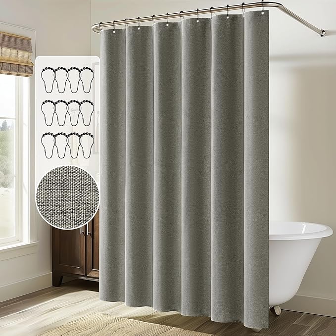 MIULEE Linen Shower Curtain with 12 Metal Hooks Modern Heavy Duty Washable Fabric Shower Curtain Set Waterproof Thick Cloth Shower Curtains for Bathroom Hotel Bathtub, W72*L78, Grey