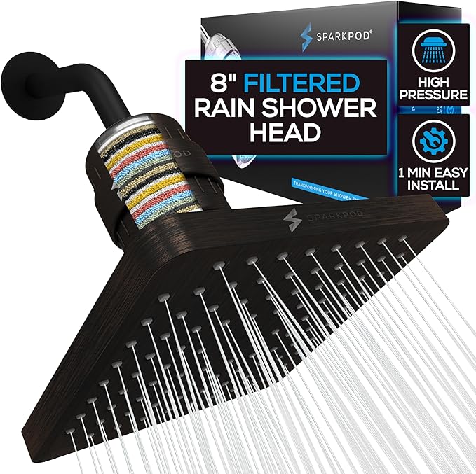 SparkPod Luxury Filtered Shower Head Set 23 Stage Shower Filter - Reduces Chlorine and Heavy Metals - High Pressure Showerhead Filter (8" Square, Vintage Oil-Rubbed Bronze)