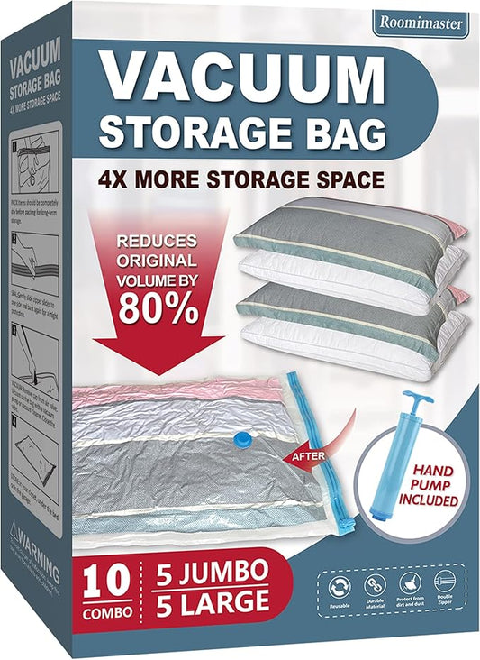 10 Pack Vacuum Storage Bags with Pump, 5 Jumbo and 5 Large Space Saver Vacuum Storage Bags, Vacuum Seal Bags for Clothing, Comfoters, Pillows, Blanket, Bedding