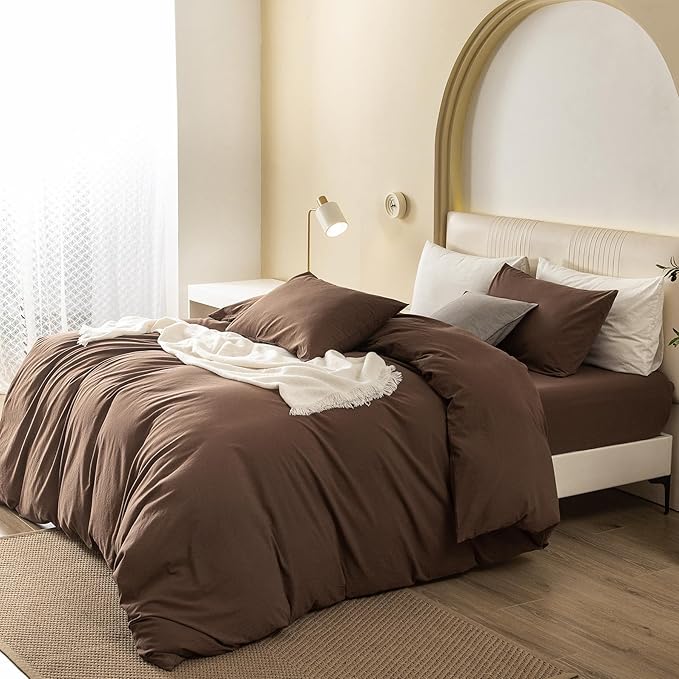 JIYUAN 100% Washed Cotton Duvet Cover Set 3 Pieces Super Queen, 1 Duvet Cover 90x98 Inches(Comforter Not Included) and 2 Pillowcases,Linen Feel Bedding Set Comfy and Breathable,Chocolate Brown