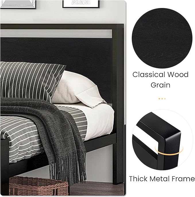 SHA CERLIN 14 Inch Queen Size Metal Platform Bed Frame with Wooden Headboard and Footboard, Mattress Foundation, No Box Spring Needed, Large Under Bed Storage, Non-Slip Without Noise, Black Oak