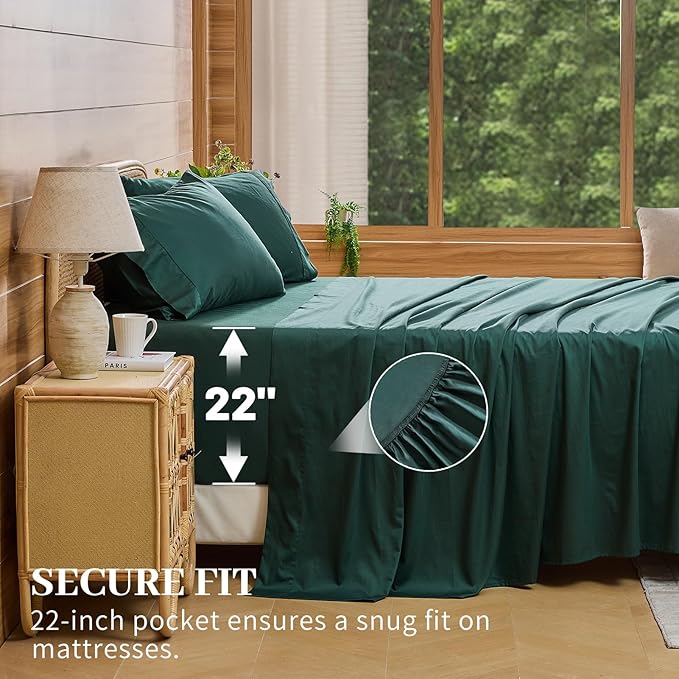 Bedlifes Deep Pocket Sheets 18-24 Inch, Queen Size Egyptian Cotton 1000 Thread Count, 4-Piece - Fits Extra Thick Mattresses, Cooling & Breathable (Dark Green)