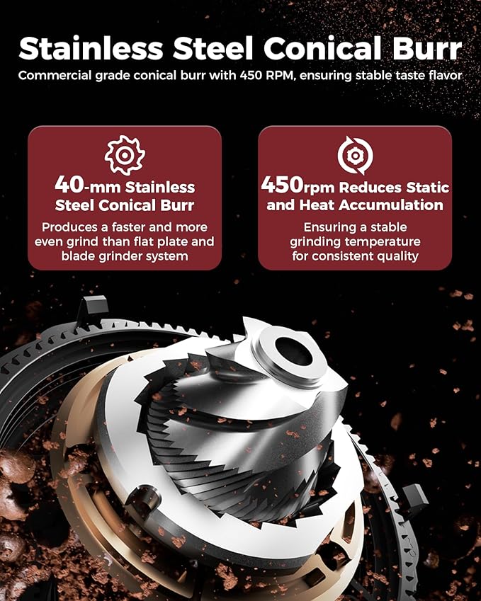 Tuni G1 Conical Burr Coffee Grinder, 48 Grind Settings Anti-static Burr Mill, Precision Electronic Timer and LED Touchscreen for Espresso/Drip/Cold Brew/French Press, Stainless Steel, Ivory