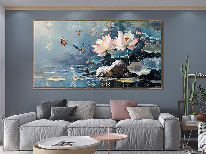 Ardemy Framed Canvas Wall Art Lrage Lotus Floral Pictures Wall Decor Living Room Flower Paintings Artwork for Walls Bedroom Kitchen Dining Room Home Office, 58"x29"
