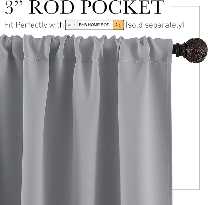 RYB HOME Kitchen Curtains 45 inch Length 2 Panels Set, Privacy Assured Drapes Room Darkening Small Window Treatment for Cafe Bathroom, W34 x L45 inch, Silver Grey