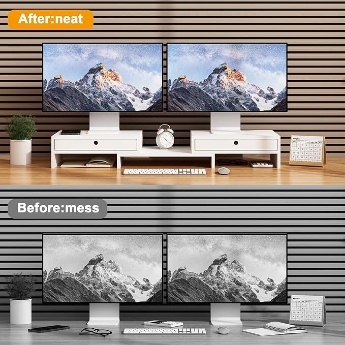 LAPTAIN Wooden Dual Monitor Stand with 2 Drawers, Monitor Stand Riser with Adjustable Length and Angle, Solid Wood Desktop Organizer Stand for Laptop/PC/Computer, No Assembly Required