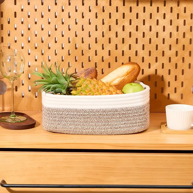 Small Storage Baskets for Organizing | Closet Organizer Bins | Shelf Toy Basket | Woven Rope Baskets | Cube Decorative Box | Shallow Basket | 11.5x7.5x4.7” | 3 Packs White Brown