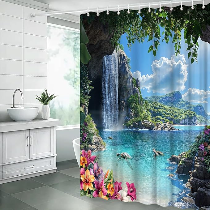 Waterfall Coastal Shower Curtain Sea Turtle Tropical Rainforest Beach Flower Leaves Mountain Jungle 70" Wx78 H Fabric Bathroom Decor Curtain with Hooks