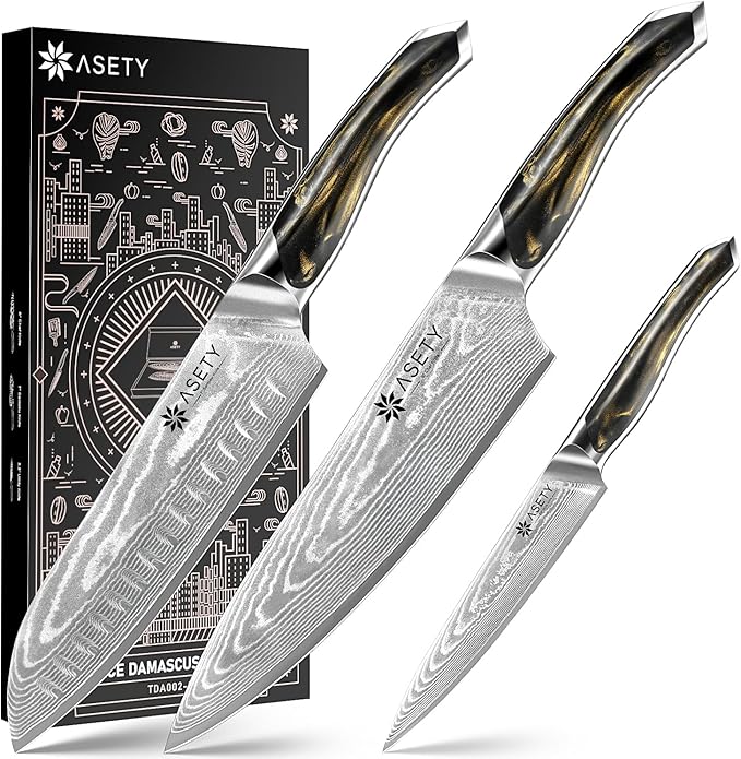 Damascus Knife Set 3 PCS: Ultra-Sharp Professional Chef Knife Set, Japanese Kitchen Knives with VG10 Steel Core, Full Tang Resin Handle, Christmas Elegant Box