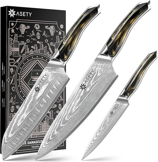 Damascus Knife Set 3 PCS: Ultra-Sharp Professional Chef Knife Set, Japanese Kitchen Knives with VG10 Steel Core, Full Tang Resin Handle, Christmas Elegant Box