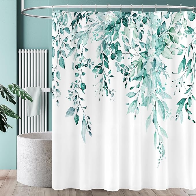 Extra Long Eucalyptus Shower Curtain 72 x 96 Inch, Teal Botanical Floor to Ceiling X-Long Shower Curtain, Watercolor Plant Leaves with Floral Decorative Bathroom Curtain with Hooks