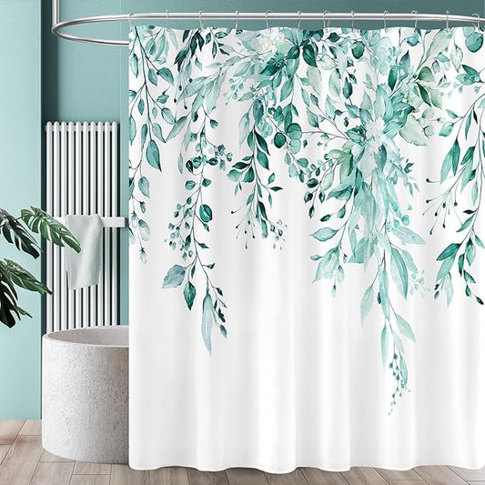 Extra Long Eucalyptus Shower Curtain 72 x 96 Inch, Teal Botanical Floor to Ceiling X-Long Shower Curtain, Watercolor Plant Leaves with Floral Decorative Bathroom Curtain with Hooks