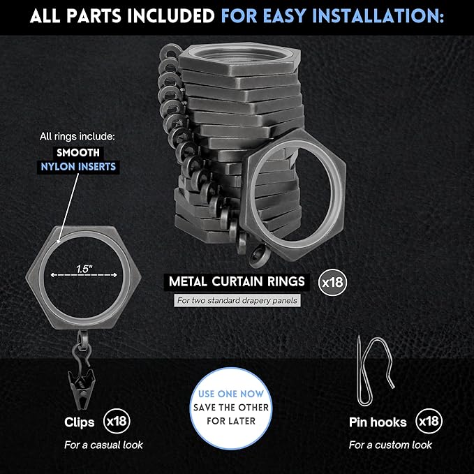 BlastHome® Luxury Curtain Rings - Premium Metal with Quiet, Smooth Nylon Inserts - Pinhooks and Clips Included - 1 1/2" Inside Diameter - 18 Rings for Two Standard Curtains - Gunmetal/Pewter