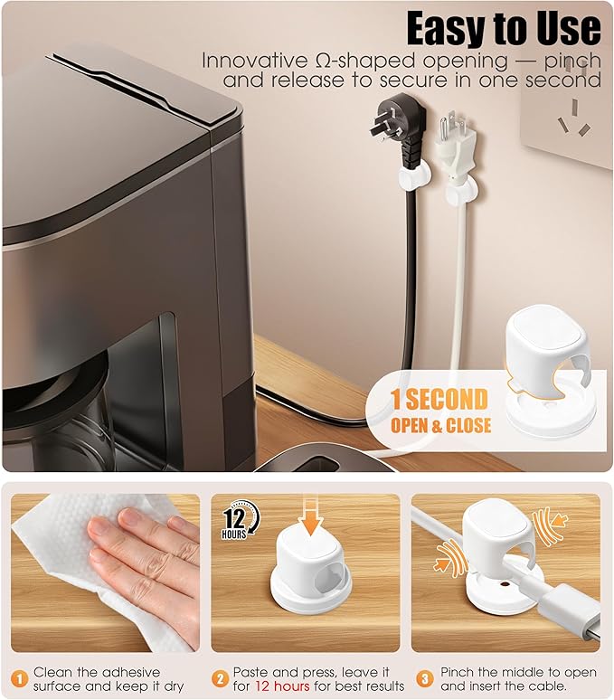 8 Pack Cord Organizer, Ω-Shaped Rotatable Cable Clips, Strong Adhesive Cable Management with Nails, Cord Holder for Nightstand, Desk, and Wall (White)