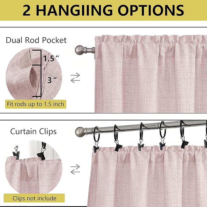 Blush Pink Kitchen Curtains 36 Inch Length 2 Panels, Light Filtering Farmhouse Faux Linen Textured Short Curtains for Windows, Small Curtain Tier for Cafe Cabinet Bathroom RV Camper, 30Wx36L