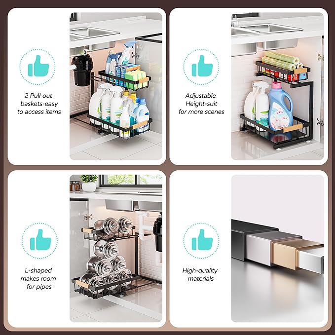 ADBIU Under Sink Organizer, 2 Pack 2 Tier Expandable Height (13.2" - 17.2") Pulling Out Kitchen Bathroom Cabinet Organizers