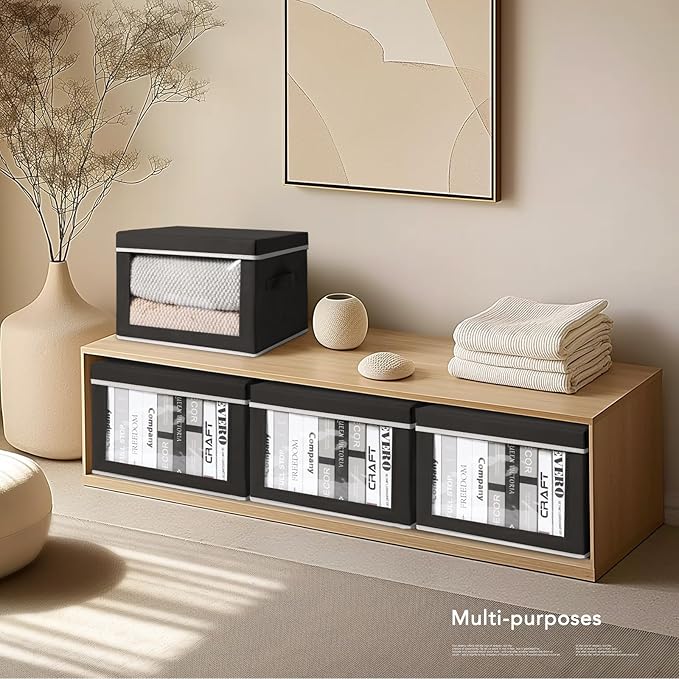 Storage Boxes with Lids - 3 Pack Fabric Clear Window Storage Bins, Collapsible Storage Bins with Lids, Linen Closet Organizer for Clothes, Towel, Blanket, Black