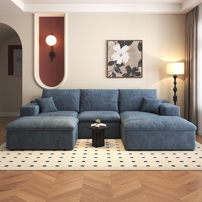 107'' U-Shaped Modern Modular Sectional Cloud Couch Whit Ottoman, 4-Seat Chenille Deep-Seat Sofa with Pillow for Living Room, Bedroom, Apartment, Ocean Blue