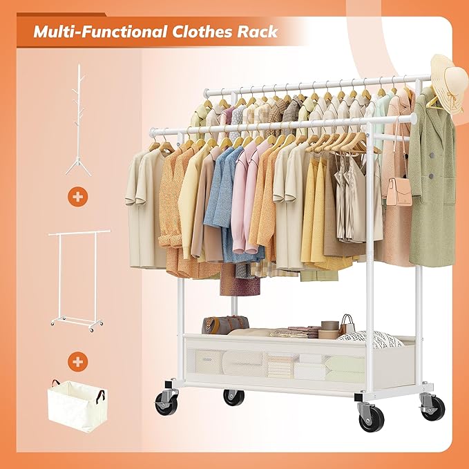 Clothes Rack, Double Rod Clothing Rack with Storage Bag & Sturdy Wheels, Metal Garment Rack for Closet Organizers and Storage, 43.3" W×17.7" D×63" H