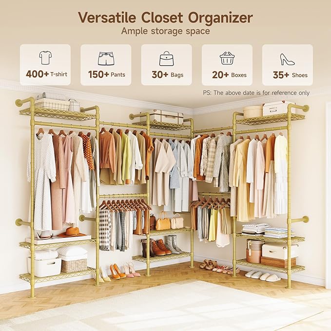 U5 Wall Mounted Closet System, Industrial Pipe Clothing Rack Garment Racks for Hanging Clothes, Heavy Duty Closet Organizers System in Wardrobe Closet, Gold