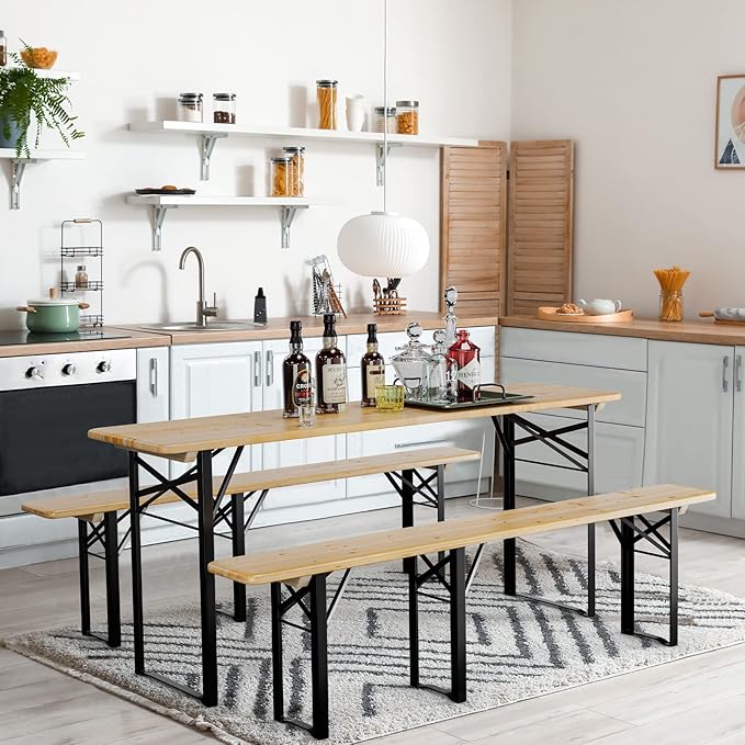 VINGLI 70 Inch Folding Picnic Tables with Benches Set, Weather-Resistant Wooden Beer Garden Table Bench, 3-Piece Portable Fold Up Camping BBQ Table w/Carrying Handles