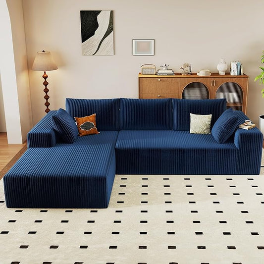 96" Modular Sectional Couch, Boneless L Shaped Cloud Sofa with Chaise Lounge, Corduroy Upholstered Couches Memory Foam Deep Seat, No Assembly Required, Ideal for Living Room(Blue, Left Facing)