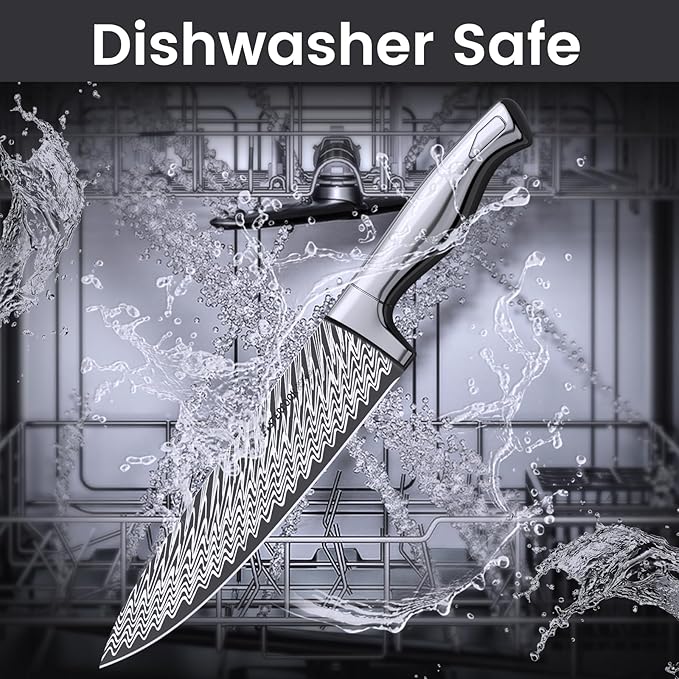 Knife Set, Astercook 15 Pieces Kitchen Knife Set with Built-in Sharpener, German Stainless Steel Knife Block Set, Razor-Sharp Knives with Full-tang Handle, Dishwasher Safe, Silver