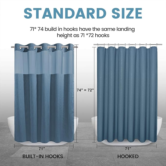 Moonlight Blue No Hook Shower Curtain with Snap in Liner,230GSM Waffle Weave Shower Curtains for Bathroom,71W x 74H