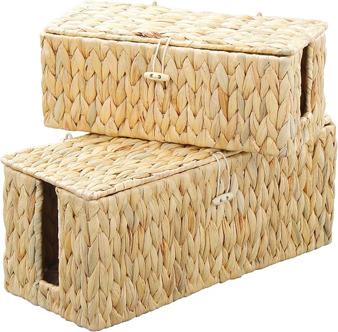 Cable Management Box,Hand-Woven Water Hyacinth Decorative Cord Organizer,2 Side Open Slots Wicker Cable Box to Hide Cords and Power Strip,for Desk, Floor, Office,2 Pack