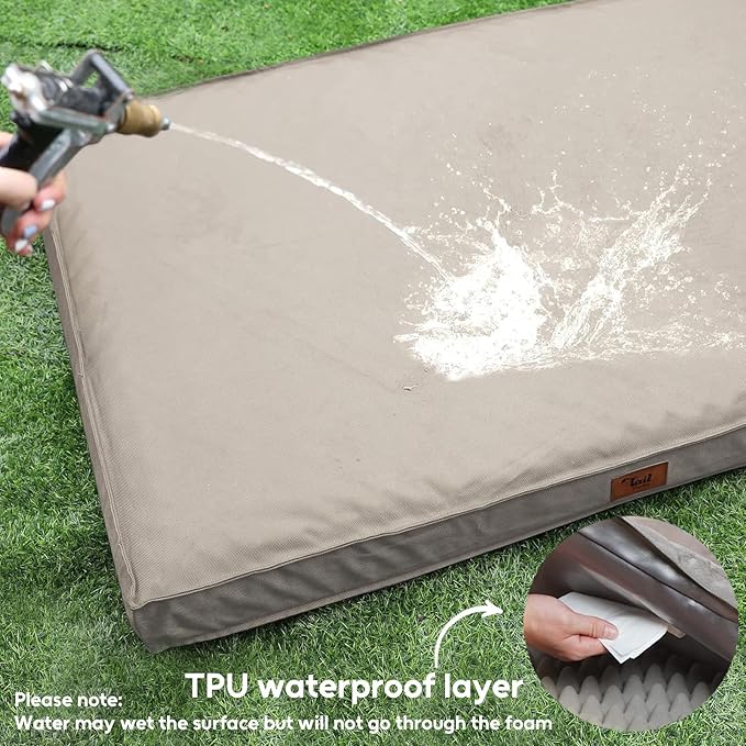 Outdoor Extra Large Dog Crate Bed, XXL Waterproof Dog Bed for Giant Breeds Dogs, 47x29 Inch Orthopedic Egg Crate Foam Pet Mat with Removable Cooling Cover, Khaki