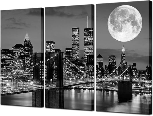 Biuteawal New York Skyline Wall Art Brooklyn Bridge Moon Night View Picture Canvas Print Black and White City Artwork Painting Modern Home Office Living Room Decoration