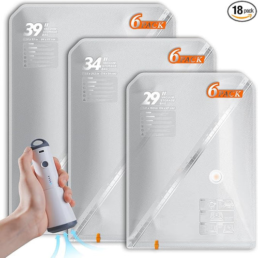 Vacuum Seal Bags for Clothing with Rechargeable Cordless Pump, 18 Pack Vacuum Storage Space Saver Bags, Compression Packing Seasonal Storage for Clothes Bedding Blanket Pillows Comforters