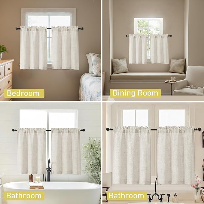 Natural Kitchen Curtains 24 Inch Length 2 Panels, Light Filtering Faux Linen Textured Short Curtains Tier for Windows, Small Curtain for Cafe Cabinet Bathroom Basement RV Camper, 30" Wx24 L