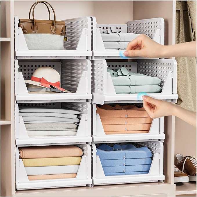 4 Pack Stackable Closet Storage Basket - Stackable Storage Bins, Multifunctional & Foldable Closet Organizer Divided, Wardrobe Cupboard Space-Saving Clothes Storage Hat Organizer, White