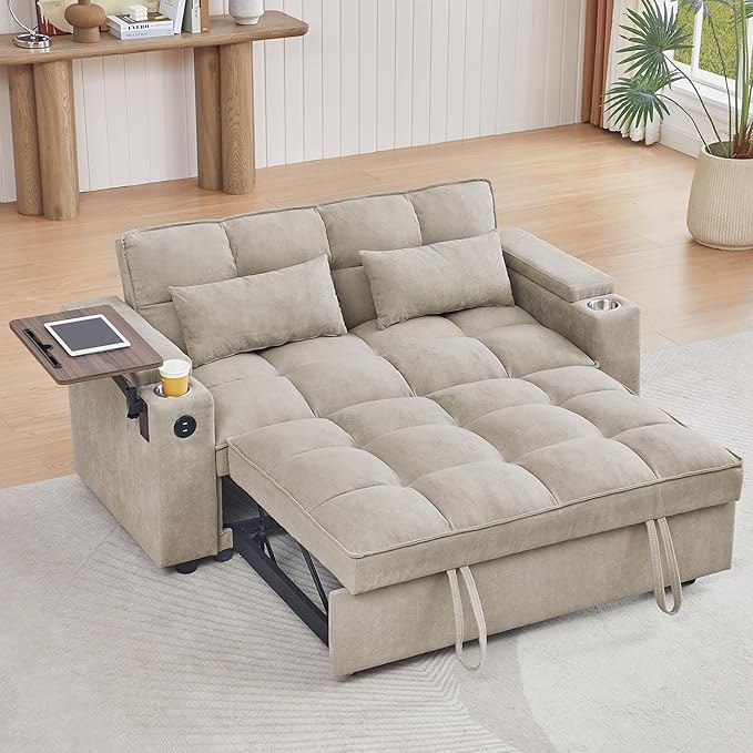65" Cloud Couch Sleeper Sofa Bed with USB Charging Port & Side Pocket, Chenille Fabric Pull-Out Sofa with Thick Cushions, High Resilience Foam & Pillows for Living Room, Apartment, Small Spaces
