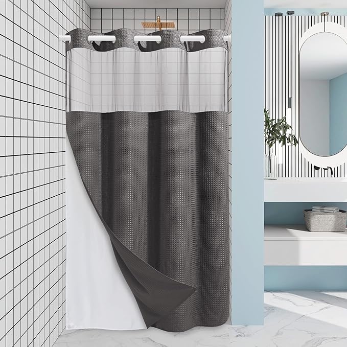 Charcoal Grey Stall No Hook Shower Curtain with Snap in Liner,230GSM Waffle Weave Shower Curtains for Bathroom,54W x 80H