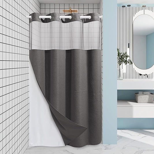 Charcoal Grey Stall No Hook Shower Curtain with Snap in Liner,230GSM Waffle Weave Shower Curtains for Bathroom,54W x 80H