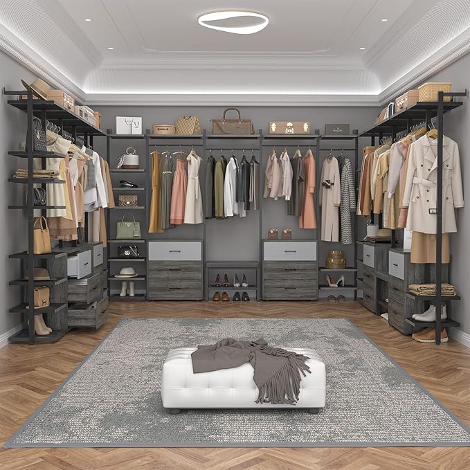 Aheaplus Clothing Rack Heavy Duty Closet Organizer for Hanging Clothes, Large Wall Mounted Garment Rack Clothes Rack with 6-Drawers for Wardrobe, Bedroom and as Walk-in Closet System, Grey Oak+Black